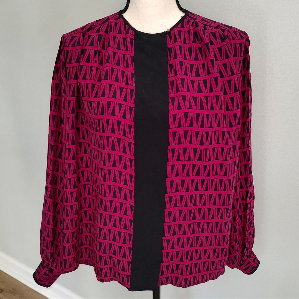VTG Jack Mulqueen Silk Top Career Magenta Black Bamboo Print 90s Size 12